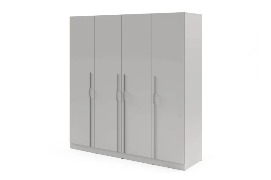 Moderner weißer Kleiderschrank mit 4 Türen und langen schlanken Griffen vor weißem Hintergrund.