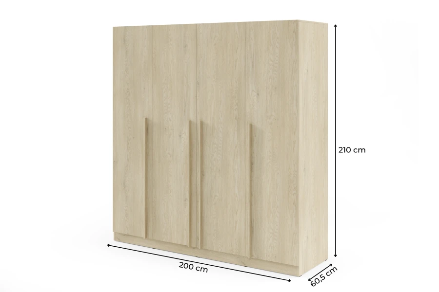 Abmessungen des 4-türigen Kleiderschranks: 200 cm Breite, 210 cm Höhe, 60,5 cm Tiefe.