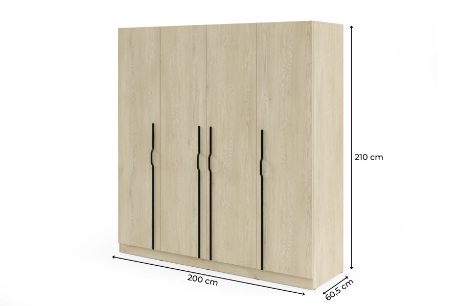 Abmessungen des viertürigen Kleiderschranks: 210 cm Höhe x 200 cm Breite