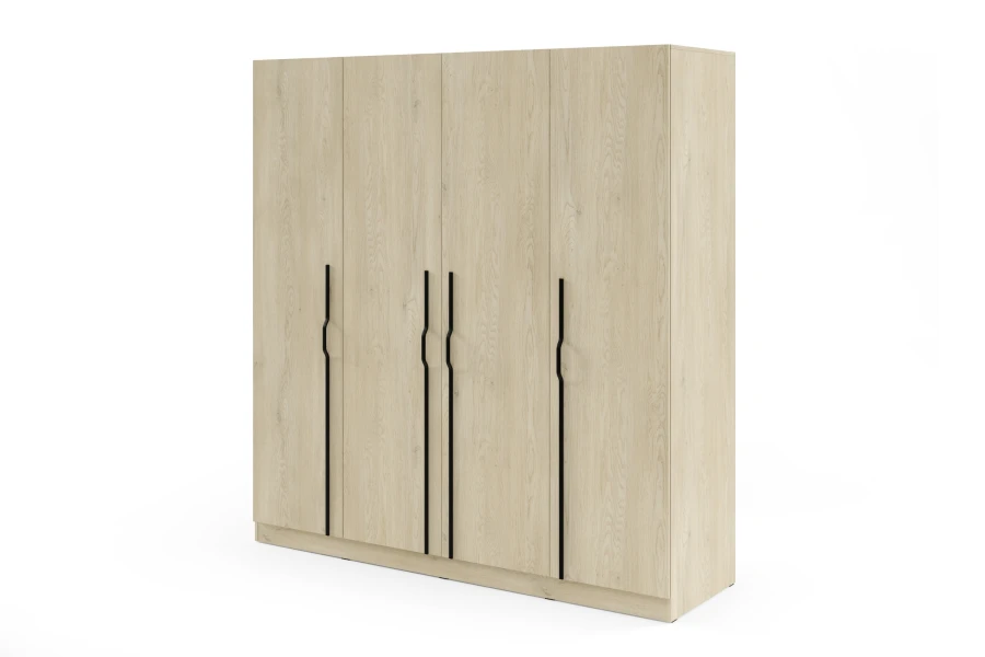 Moderner 4-türiger Kleiderschrank in Eiche mit stilvollen schwarzen Metallgriffen