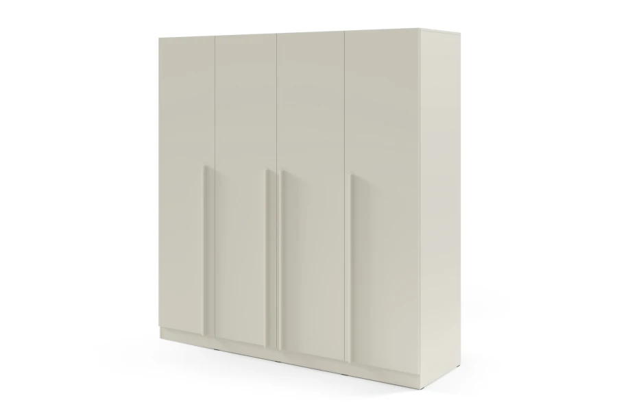 Moderner 4-türiger Kleiderschrank in Beige mit langen Griffleisten.