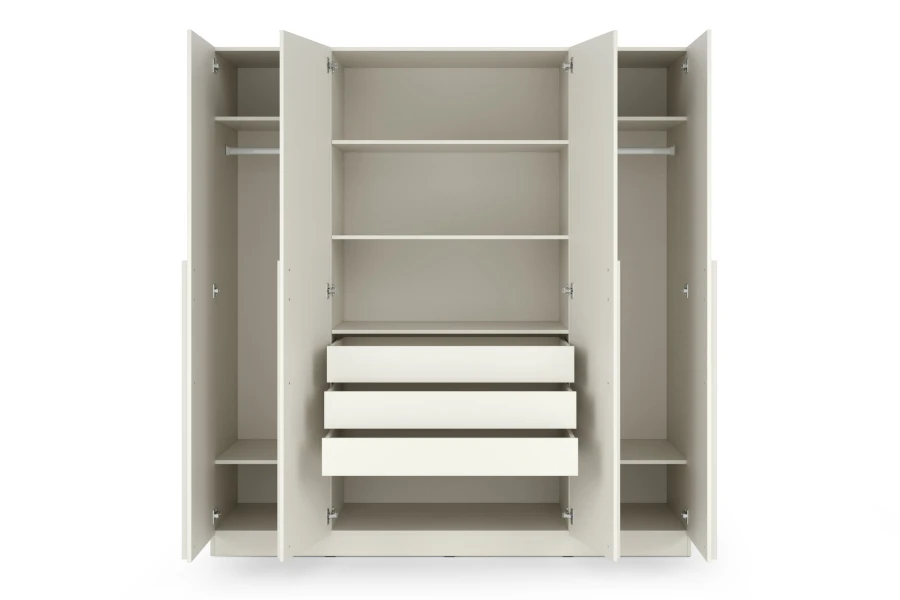 Kleiderschrank Innenleben mit Schubladen, Regalböden und Kleiderstangen.
