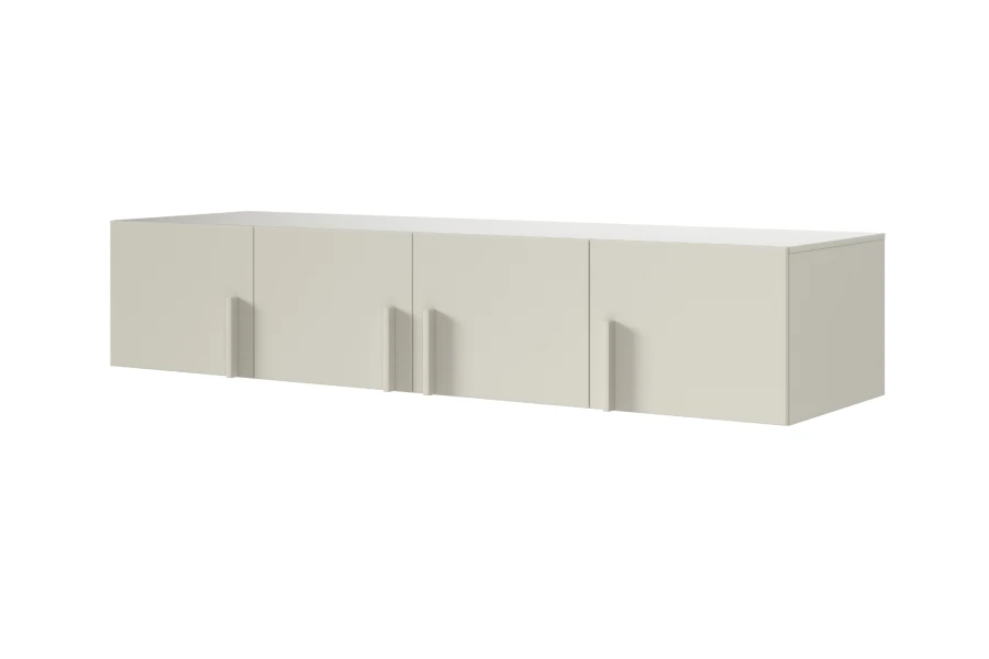 4-türiger Hängeschrank in Beige, schmales Wandelement für zusätzlichen Stauraum.