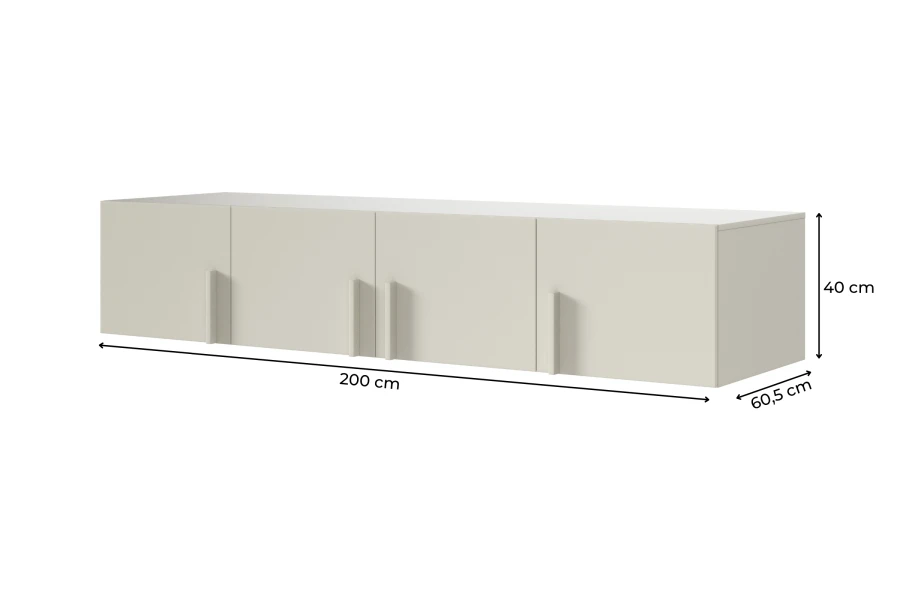 Maße des beigen TV-Lowboards: 200 cm Breite, 40 cm Höhe und 60,5 cm Tiefe. Modernes Design.