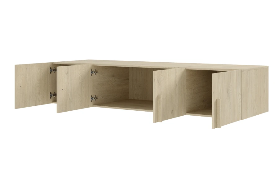 Hängeschrank in Eiche-Optik mit vier Türen, teils geöffnet, für Stauraum.