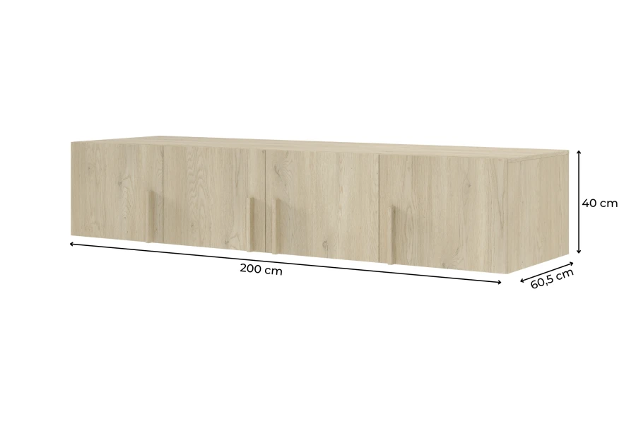 Maße für Hängeschrank in Eiche: 200 cm Breite, 40 cm Höhe, 60,5 cm Tiefe.