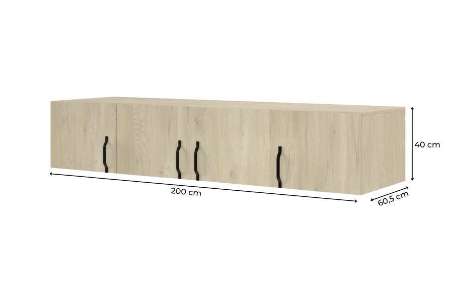Wandboard Eiche mit schwarzen Griffen und Maßen: 200x40x60,5 cm.