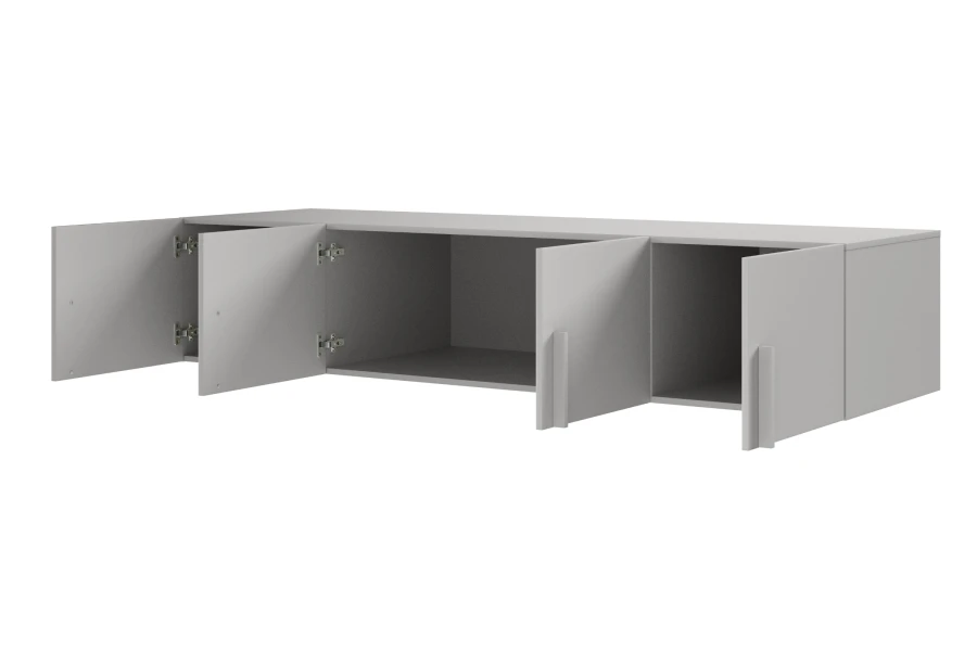 Grauer Wand-Hängeschrank mit vier geöffneten Türen und Innenansicht.
