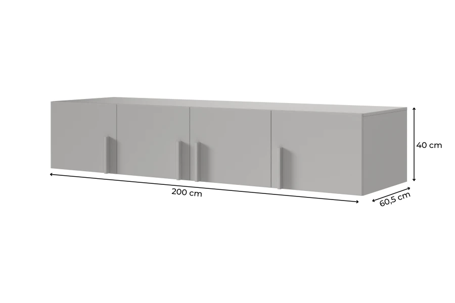 Grauer Hängeschrank 200x40x60,5 cm mit vier Türen und schlichten vertikalen Griffen.
