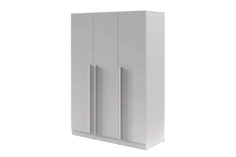 Modern three-door wardrobe in light grey with slim, long door handles.