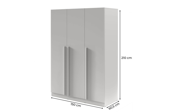 Abmessungen des 3-türigen Kleiderschranks: 150 cm Breite, 210 cm Höhe und 60,5 cm Tiefe.