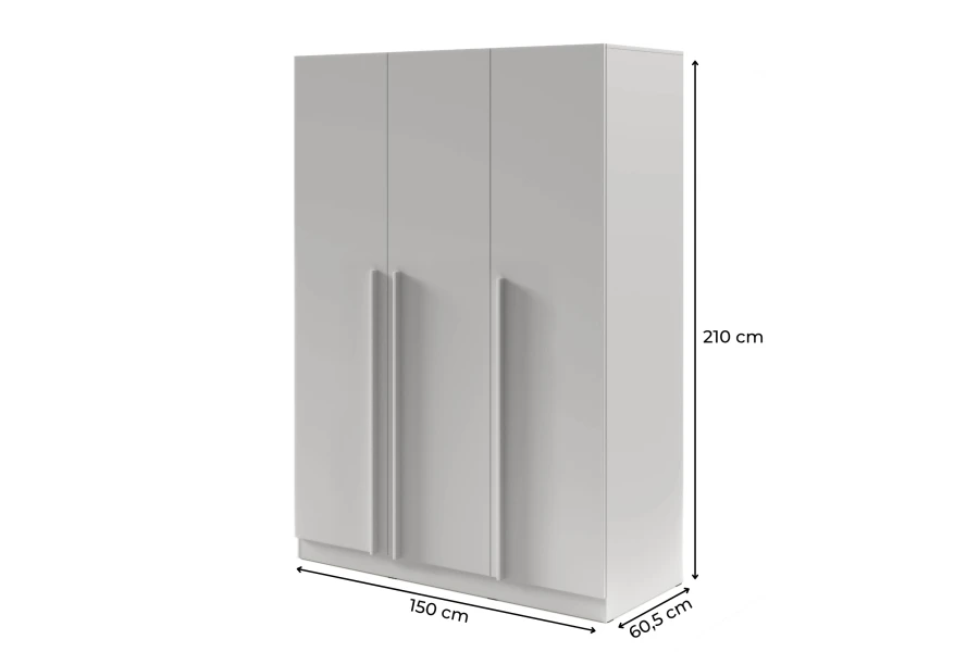 Afmetingen van de 3-deurs kledingkast: 150 cm breedte, 210 cm hoogte en 60,5 cm diepte.