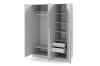 Open grey wardrobe with clothes rail, shelf compartments and two drawers on a white background.