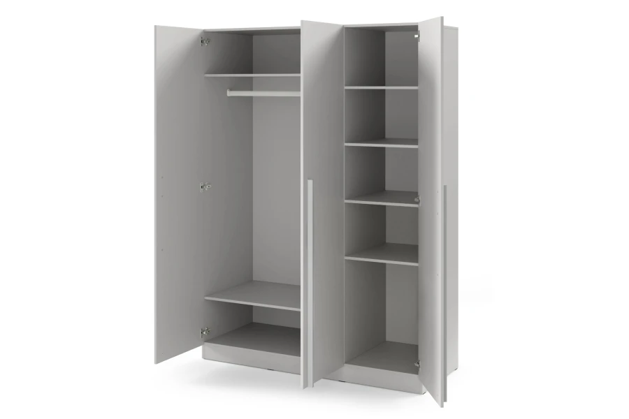 Grey 3-door wardrobe with open front, clothes rail and several shelves for storage.