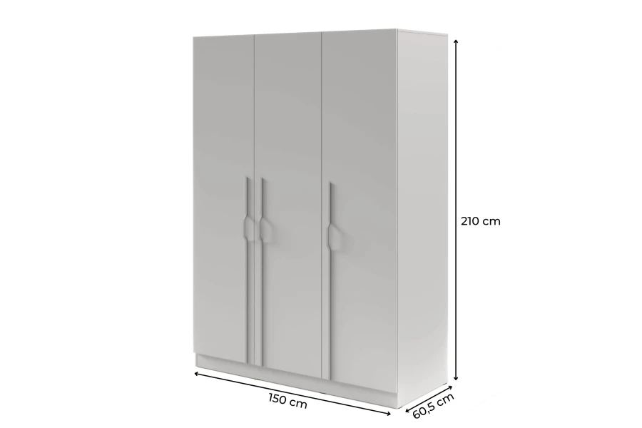Grauer Kleiderschrank mit Maßangaben: 150cm Breite, 210cm Höhe und 60,5cm Tiefe für die Raumplanung.