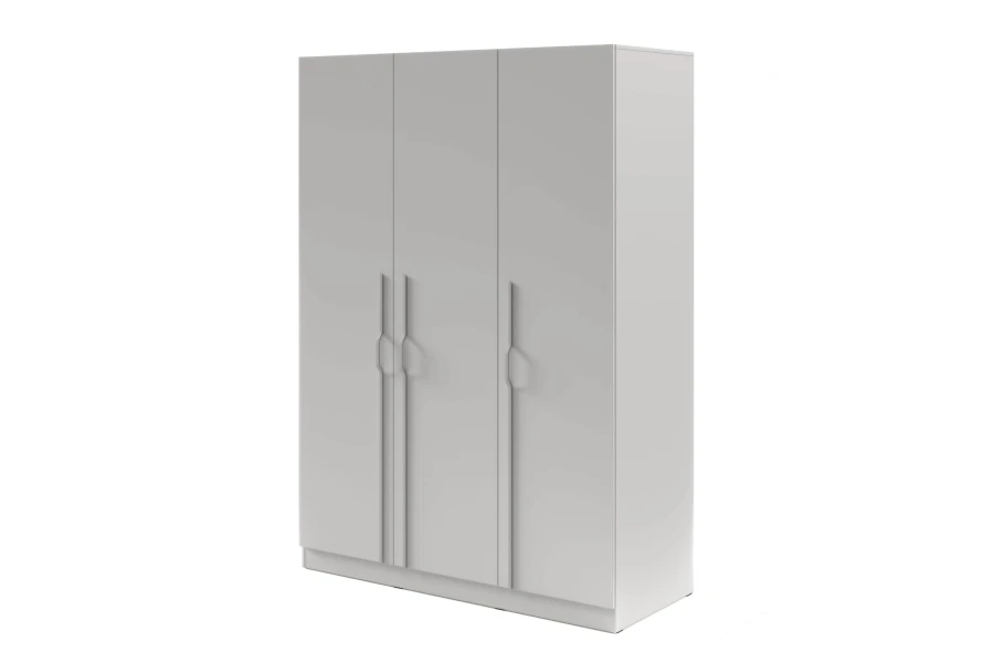 Modern grey 3-door wardrobe with simple design and long handles in a minimalist style.