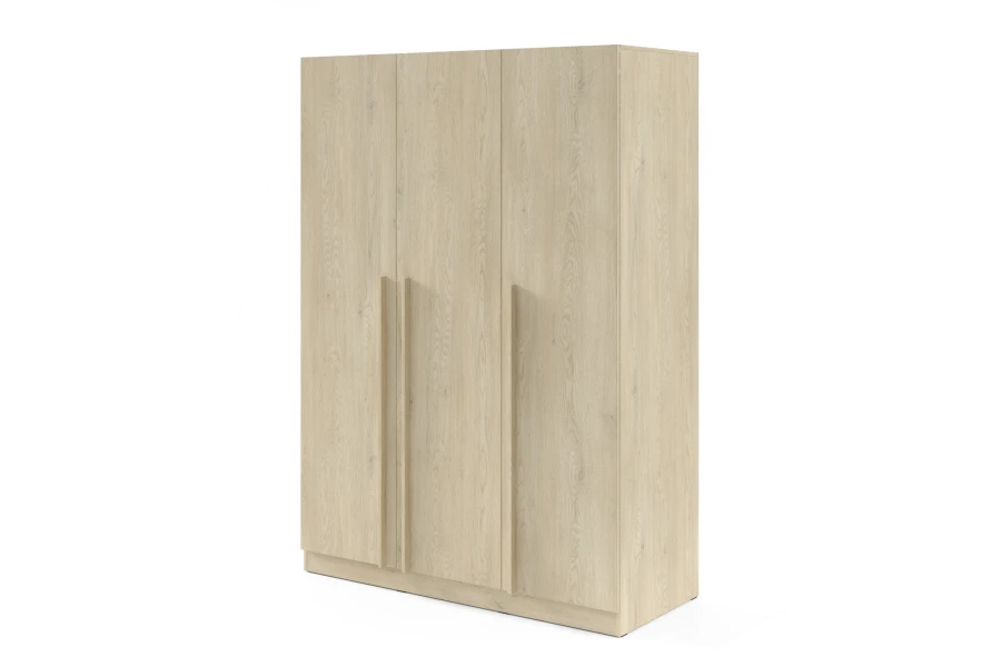 Three-door wardrobe in light oak with vertical wooden handles on a white background.
