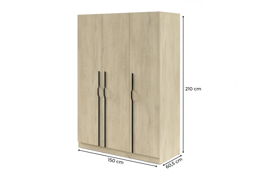Moderner Kleiderschrank Eiche hell mit schwarzen Metallgriffen und Maßen.