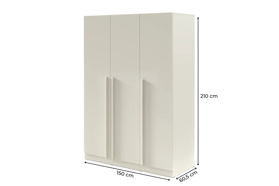 Beige 3-deurs kledingkast met afmetingen: 150 cm breedte, 210 cm hoogte en 60,5 cm diepte.