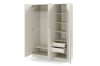 Interior view of beige wardrobe with clothes rail, shelves and two drawers.