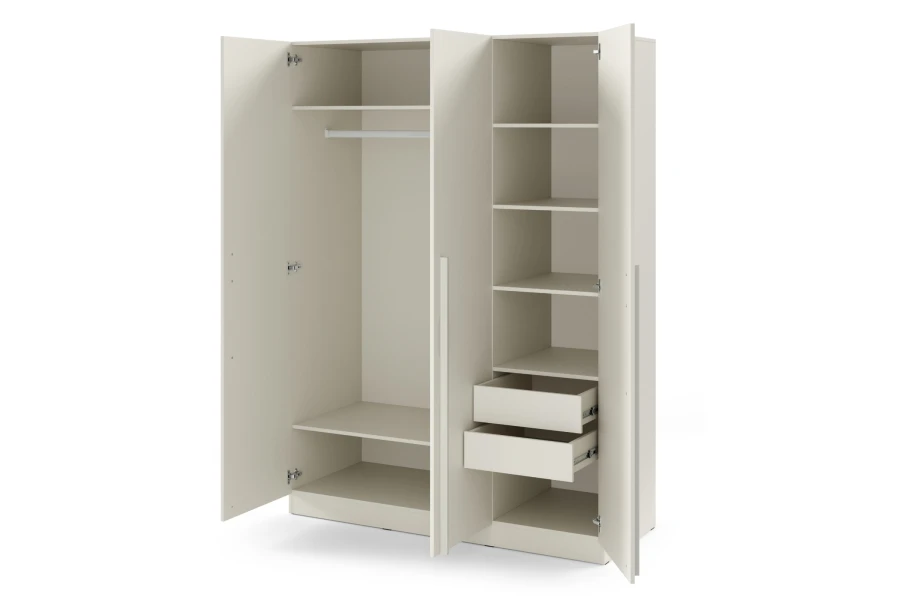 Innenansicht Kleiderschrank Beige mit Kleiderstange, Einlegeböden und zwei Schubladen.