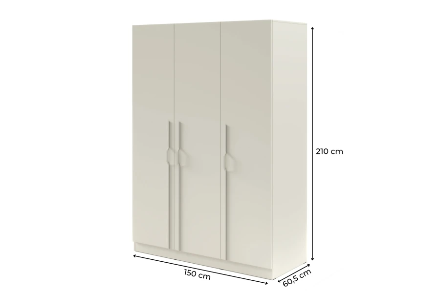 Modern 3-door wardrobe in beige with ergonomic handles and dimensions 150x210x60,5 cm.