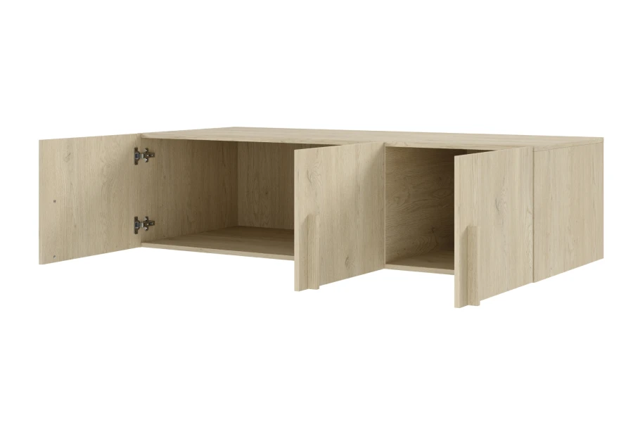 Offener Wandschrank aus hellem Holz zeigt großzügige Innenfächer zur Aufbewahrung.