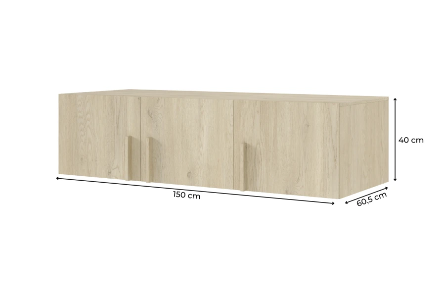 Productafmetingen hangkast: breedte 150 cm, hoogte 40 cm, diepte 60,5 cm – technische tekening.