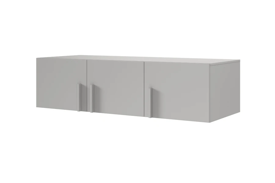 Minimalistisches graues Sideboard mit drei Türen und schlichten vertikalen Griffen.