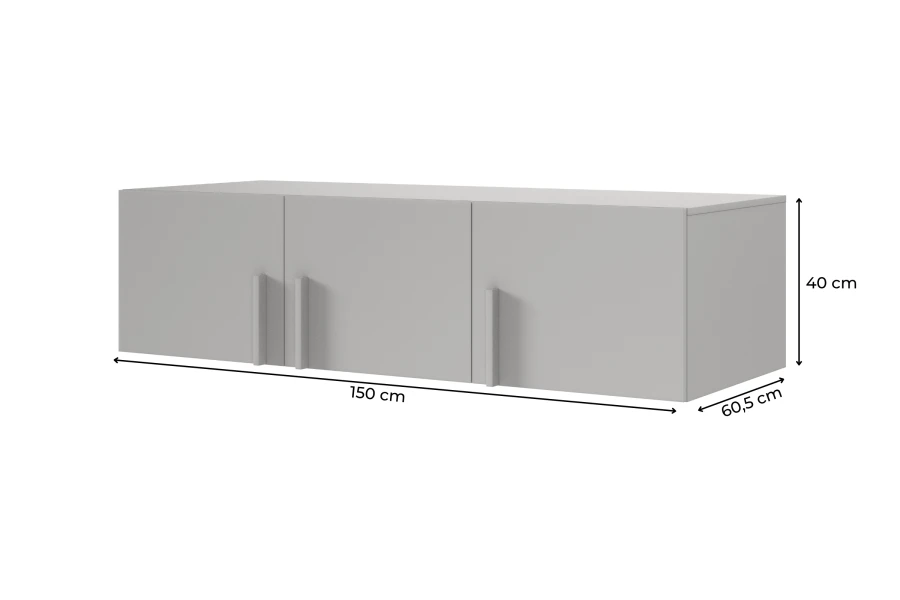 Technische Zeichnung mit Maßen: Graues Sideboard 150 cm breit und 40 cm hoch.