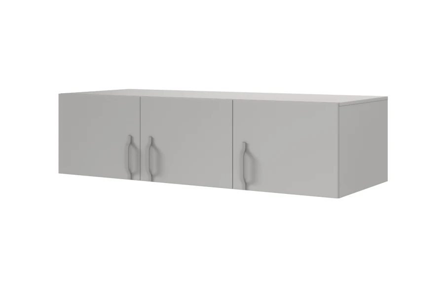 Design-Sideboard in Grau mit drei Türen und elegant geschwungenen Metallgriffen.