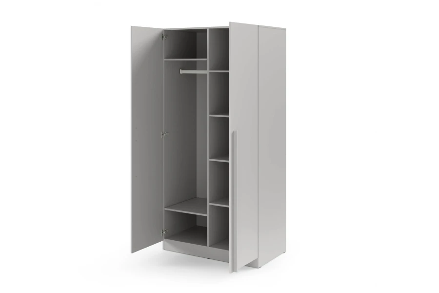 Interior view of the white wardrobe with clothes rail and practical storage compartments.