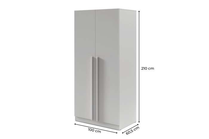 Abmessungen des weißen Kleiderschranks: 100 cm Breite, 210 cm Höhe und 60,5 cm Tiefe.
