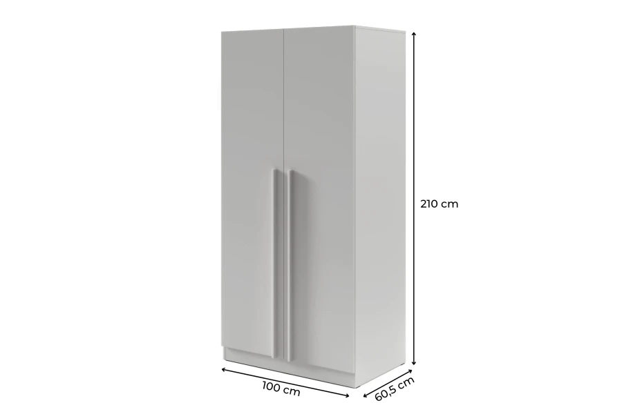 Abmessungen des weißen Kleiderschranks: 100 cm Breite, 210 cm Höhe und 60,5 cm Tiefe.
