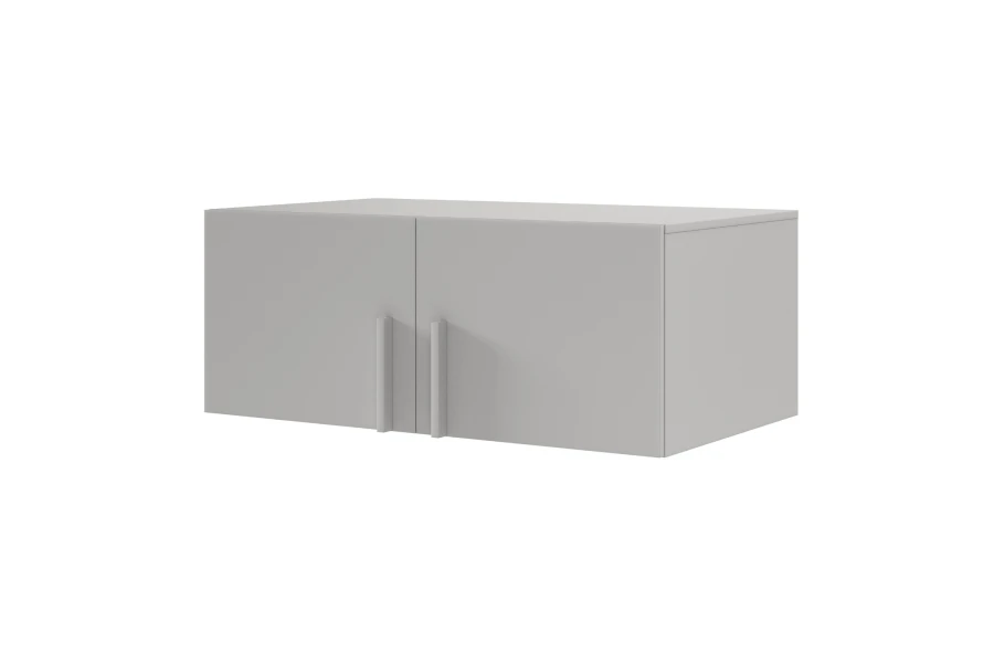 Grauer Aufsatzschrank 2-türig mit schlichten Griffen, kompakter Hängeschrank für Büro oder Flur.
