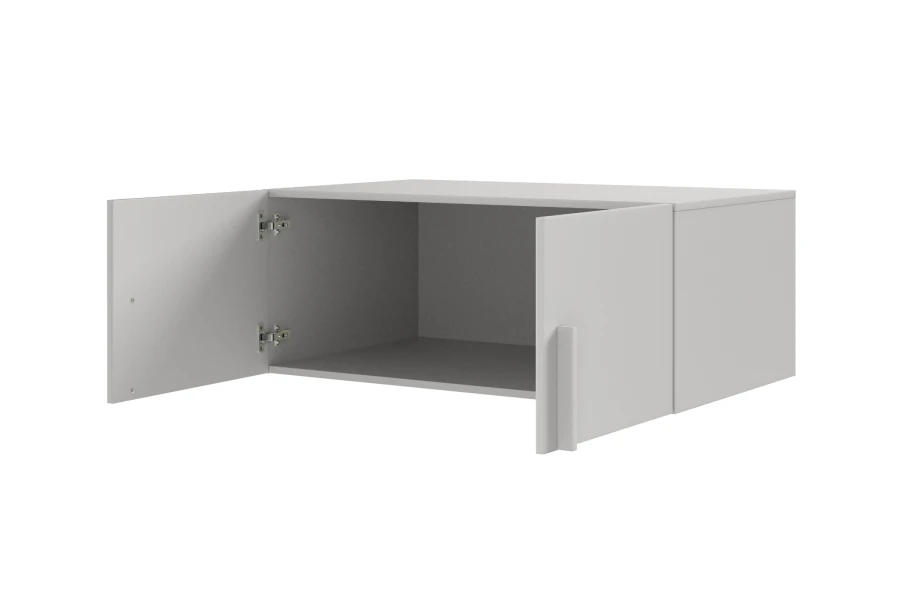 Grijze 2-deurs kast open, binnenaanzicht van de kast met veel opbergruimte voor kleding of dossiers.