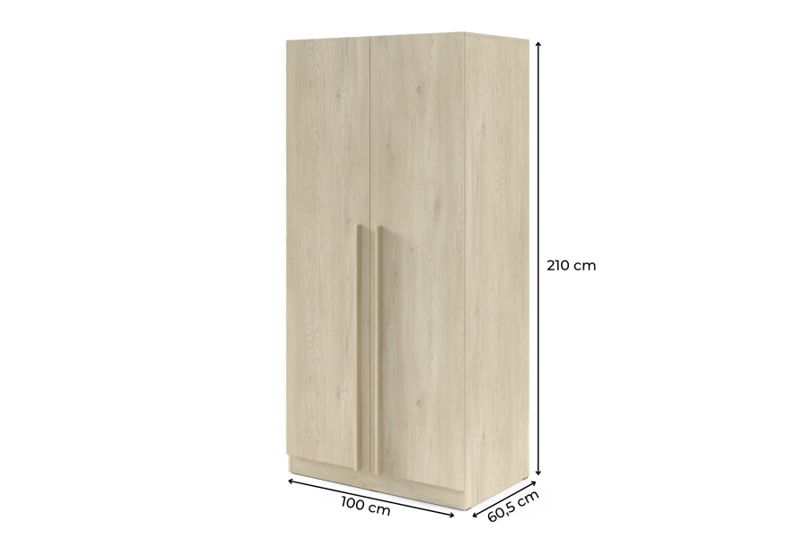 Afmetingen van de eiken kledingkast: 100 cm breedte, 210 cm hoogte, 60,5 cm diepte.