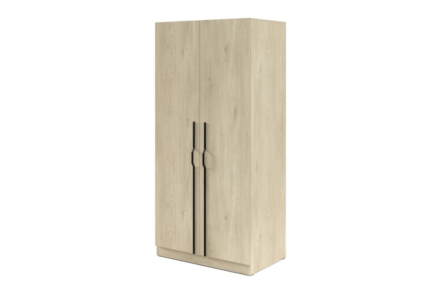 Eiche-Kleiderschrank mit modernen, langen Metallgriffen in Schwarz.
