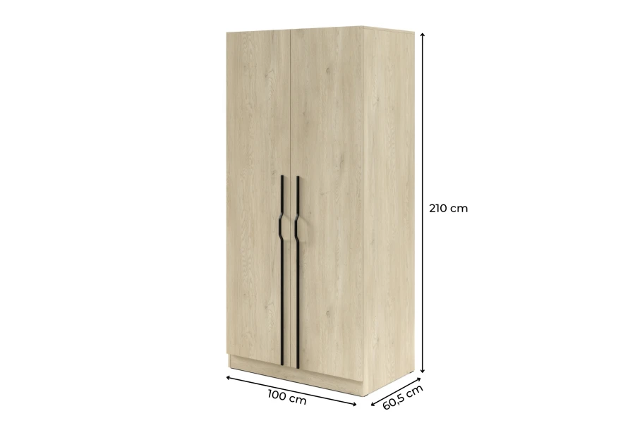Abmessungen des Kleiderschranks mit schwarzen Griffen: 100x210x60,5 cm.