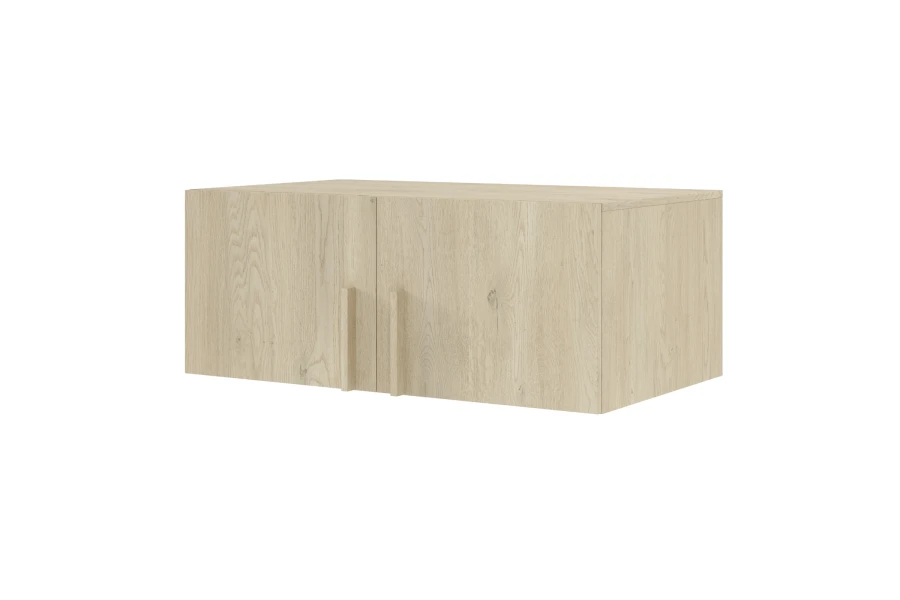 Wandschrank aus heller Eiche mit zwei Türen und Holzgriffen.