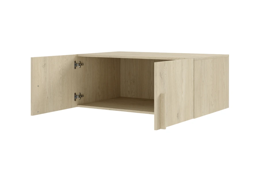 Geöffneter Hängeschrank in Holzoptik mit viel Stauraum.