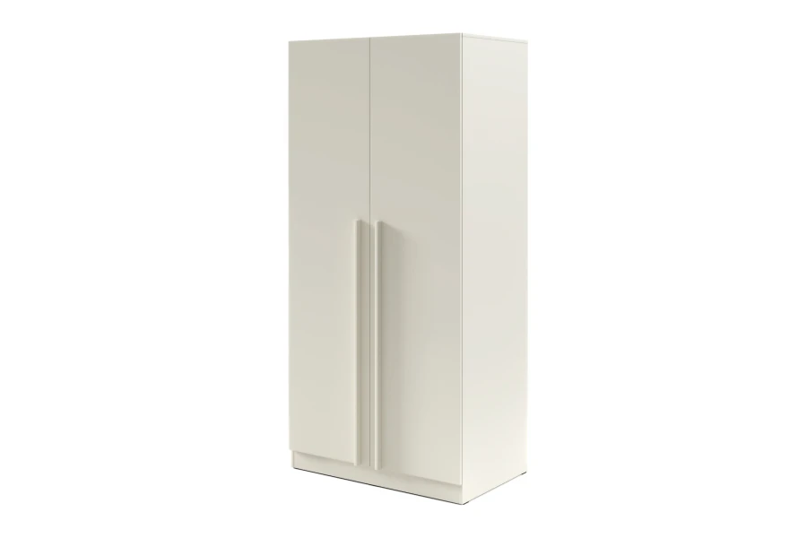 Moderner beige-farbener Kleiderschrank mit zwei Türen und langen vertikalen Griffen.