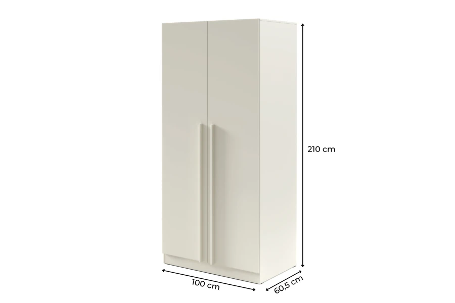 Maßangaben für den 2-türigen Kleiderschrank: 100 cm breit, 210 cm hoch und 60,5 cm tief.