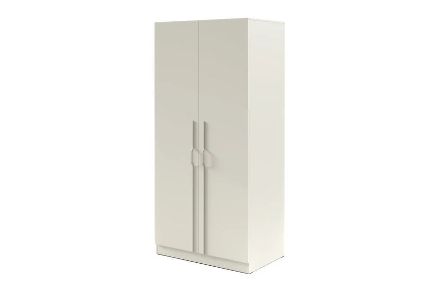 Schmaler Kleiderschrank in Beige mit dekorativen langen Türgriffen für das Schlafzimmer.