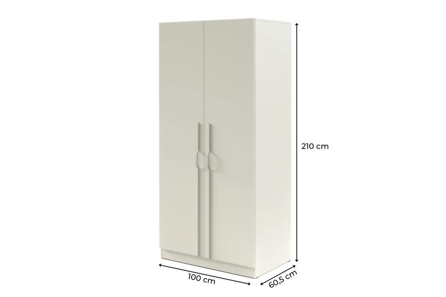 Afmetingen van de beige kast met 210 cm hoogte, 100 cm breedte en 60,5 cm diepte.