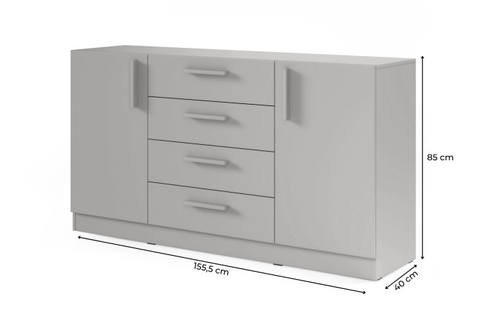 Graue Kommode Maße 155,5x85x40 cm, Sideboard mit 2 Türen und 4 Schubladen.