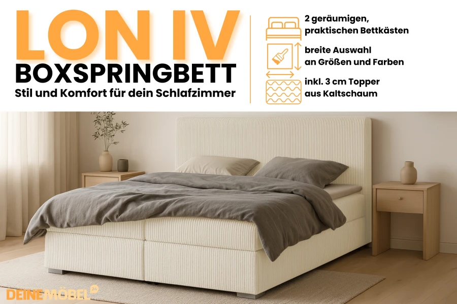 LON IV Boxspringbett in Beige mit Cord-Stoff, Bettkästen und Topper für das Schlafzimmer.