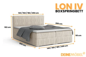 LON IV 200x200 Cord Poso 38 Creme H4 Boxspringbett Komplettbett Polsterbett Cord-Samt Deine Möbel