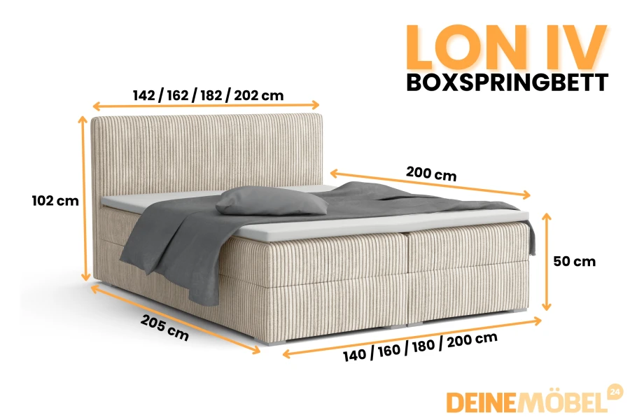 Detaillierte Maße und Abmessungen für das Lon IV Boxspringbett in verschiedenen Größen.