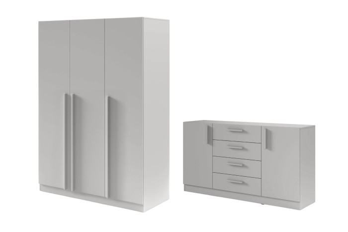 Modernes Möbelset in Platingrau: Dreitüriger Kleiderschrank und passende Kommode fürs Schlafzimmer.